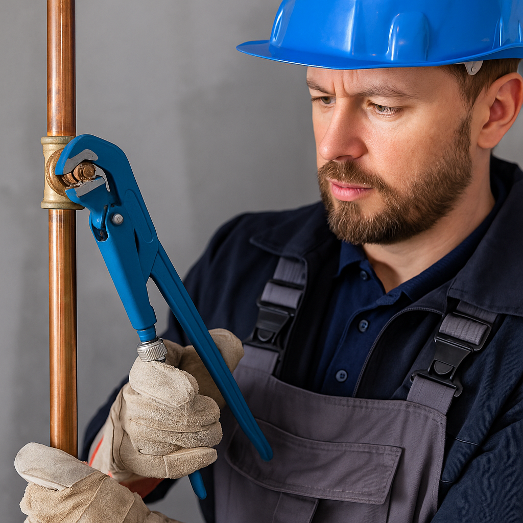 Installateur in Arbeitskleidung mit Werkzeug – Symbolbild für Handwerksbetriebe mit moderner Website im Burgenland