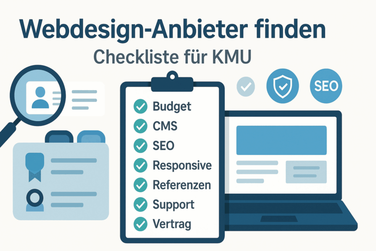 Illustration: Laptop, Klemmbrett-Checkliste und Lupe zu „Webdesign-Anbieter finden“ – Budget, CMS, SEO, Responsive, Referenzen, Support, Vertrag.