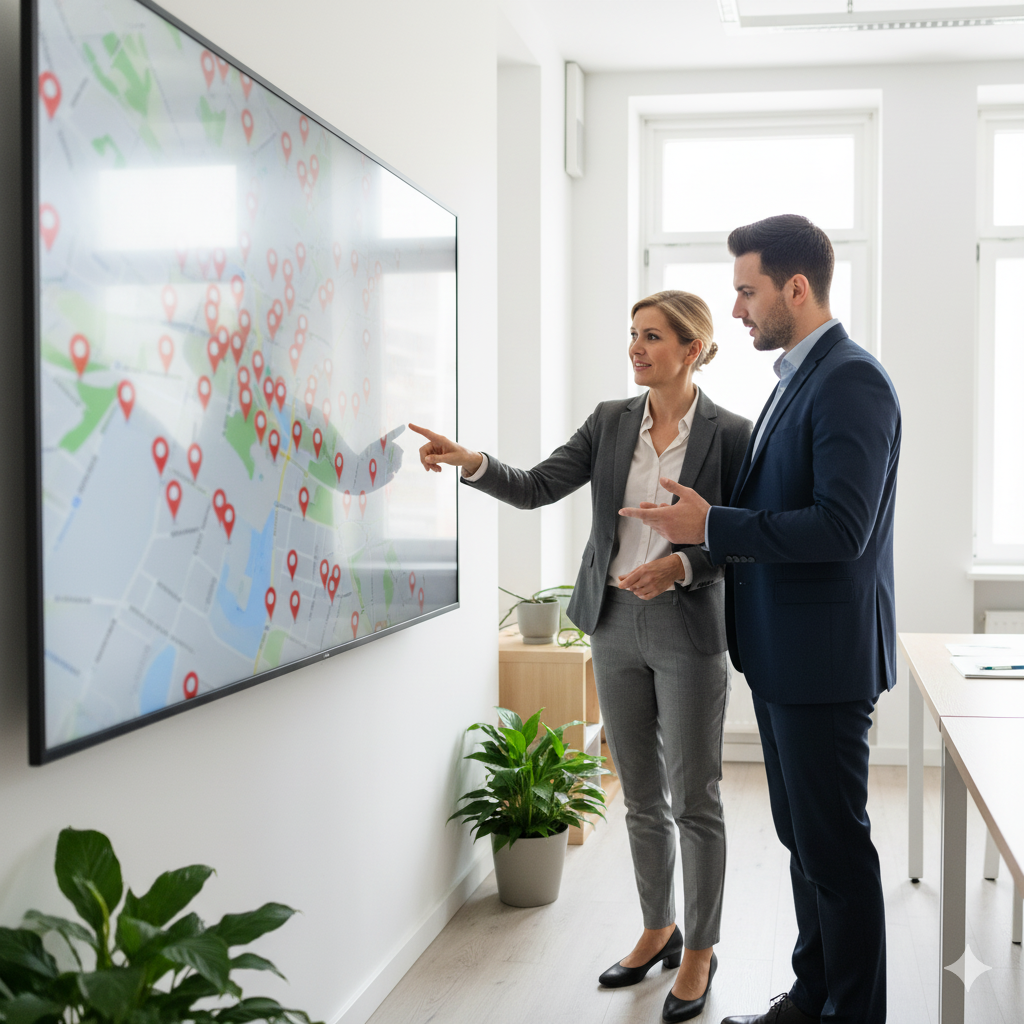 Beratung vor großem Screen mit digitaler Karte – Google Business sichtbar oben in Maps