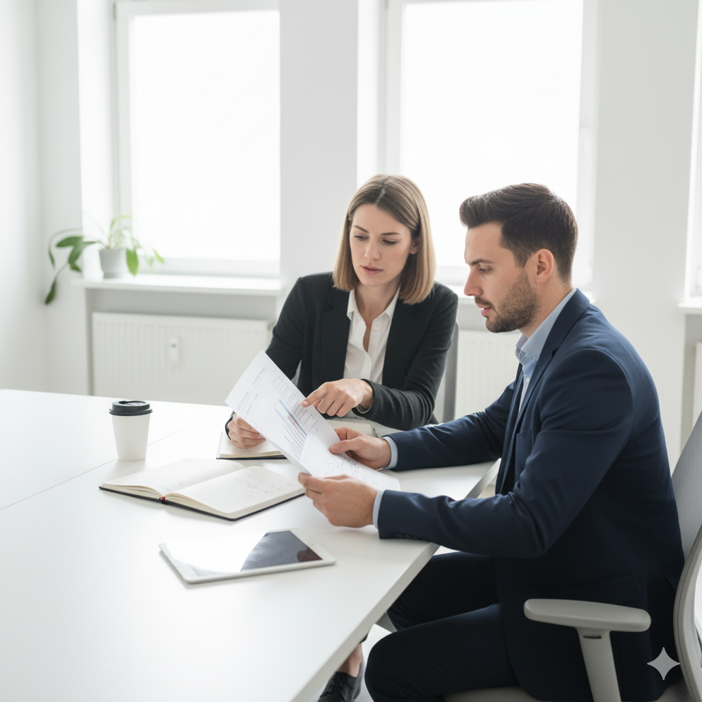 Team analysiert Charts und Kennzahlen im hellen Meetingraum – Tracking, wissen was wirkt