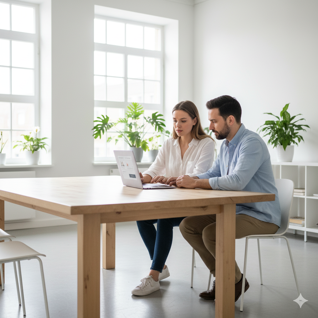 Webdesign im hellen Büro: zwei Personen prüfen ein Website-Layout am Laptop – gebaut für Anfragen
