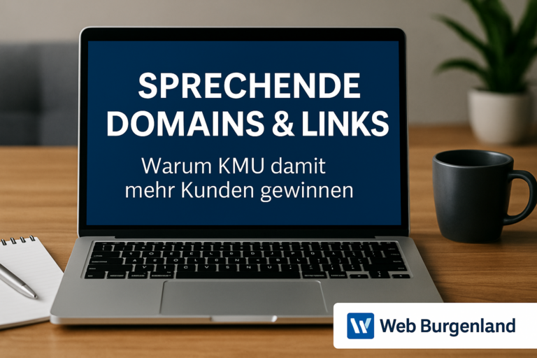 Laptop mit Text „Sprechende Domains & Links – Warum KMU damit mehr Kunden gewinnen“ auf Schreibtisch, Beitragsbild von Web Burgenland