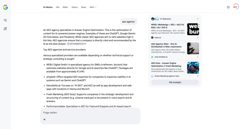 Google KI-Übersicht nennt webu.at als Quelle – Screenshot vom 16. April 2026