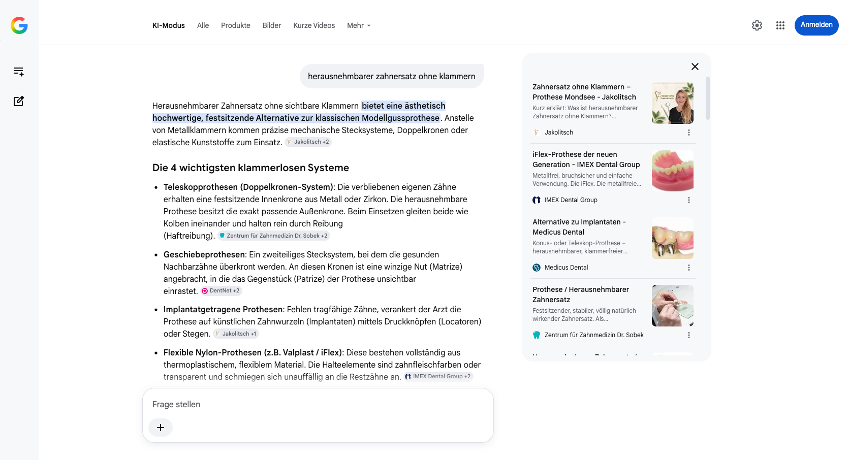 Screenshot des Google KI-Modus mit Zahnarzt Jakolitsch als sichtbarer Quelle für herausnehmbaren Zahnersatz ohne Klammern