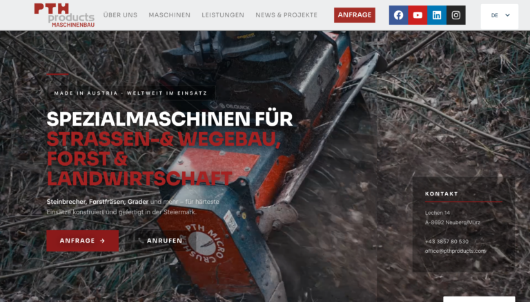 Website PTH Products – Steinbrecher & Forstfräsen, Made in Austria
