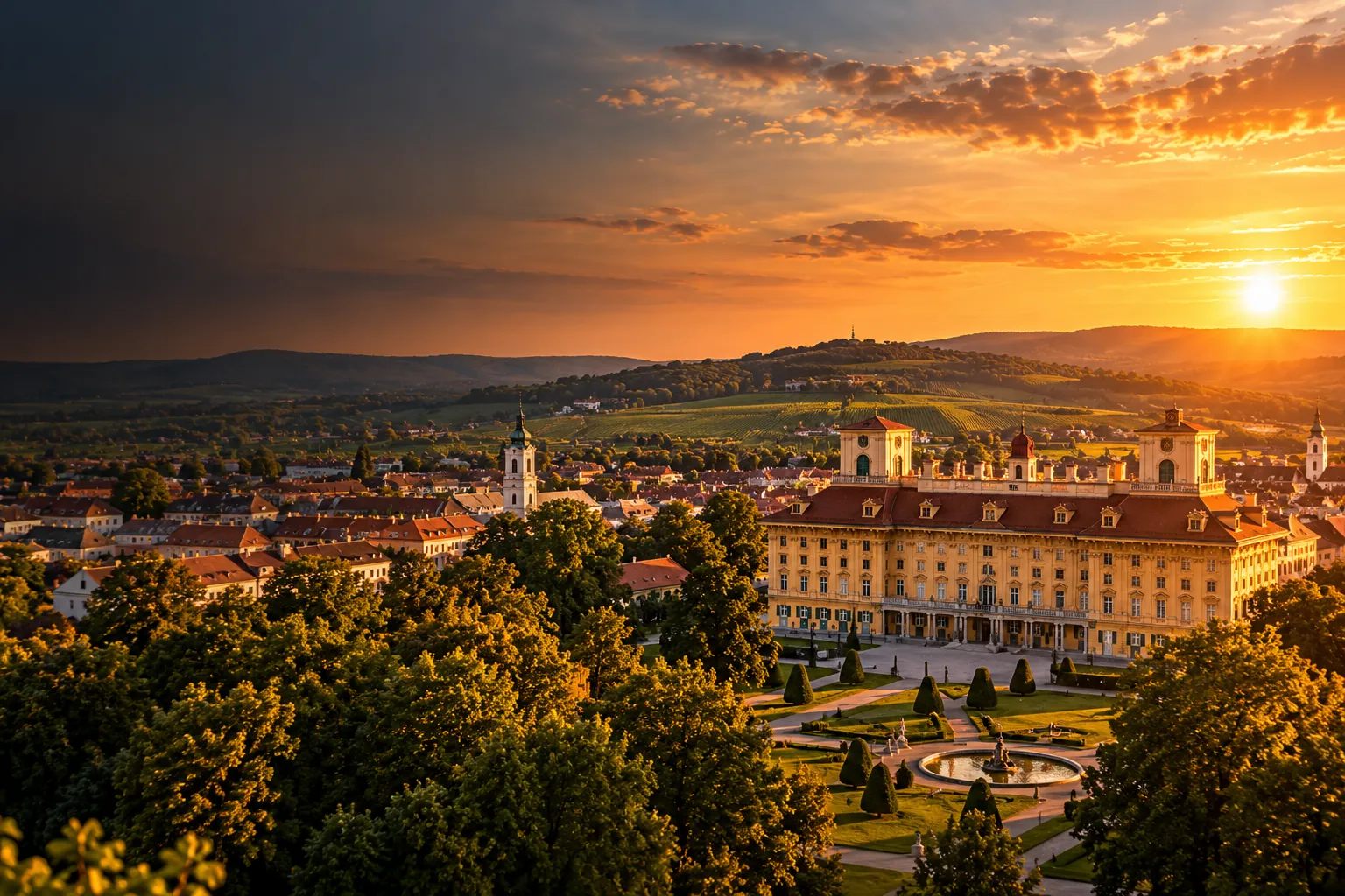 Eisenstadt bei Sonnenuntergang: Schloss Esterh&aacute;zy und Weinberge (KI-generiertes Bild)