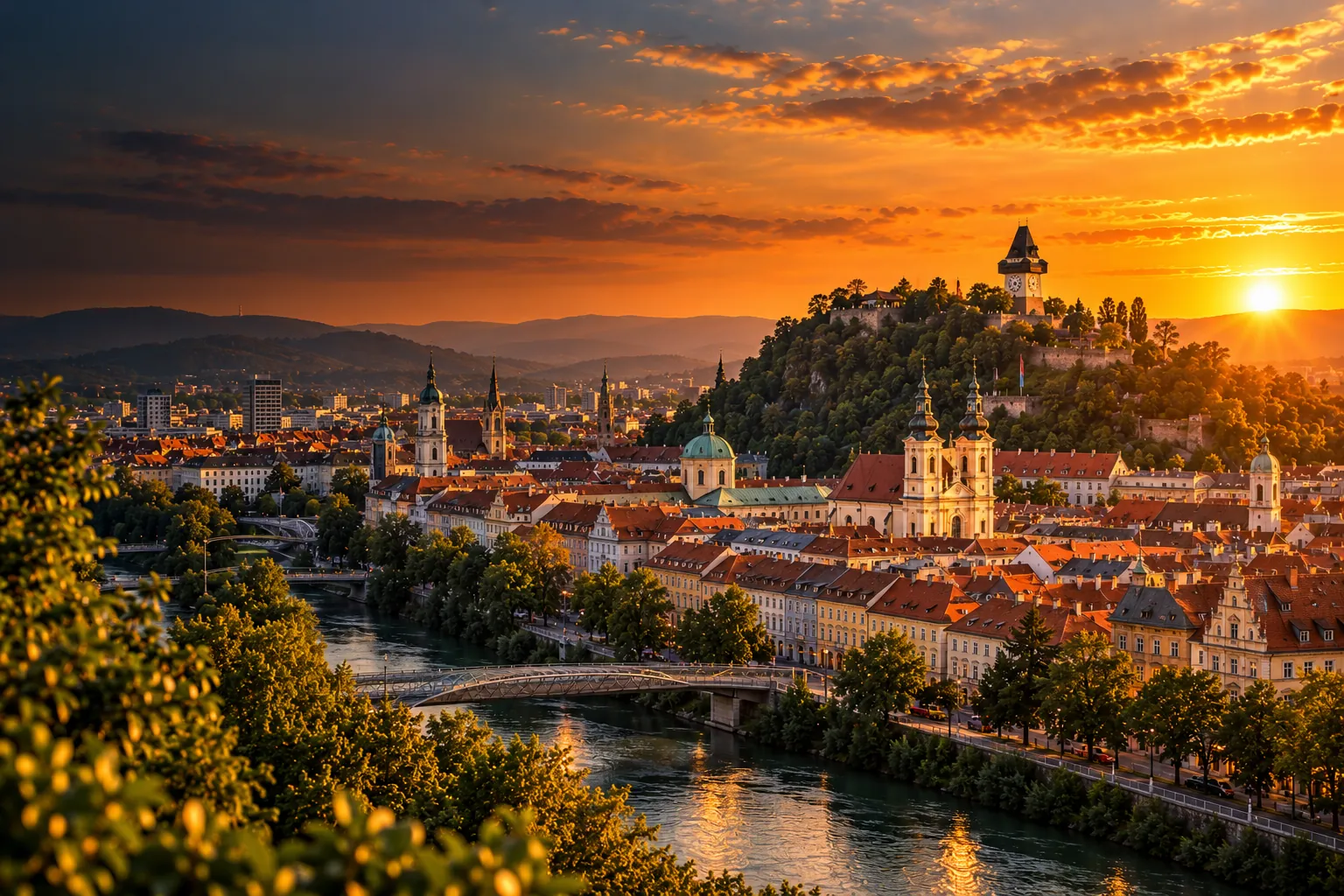 Graz bei Sonnenuntergang: Schlossberg mit Uhrturm und Altstadt (KI-generiertes Bild)