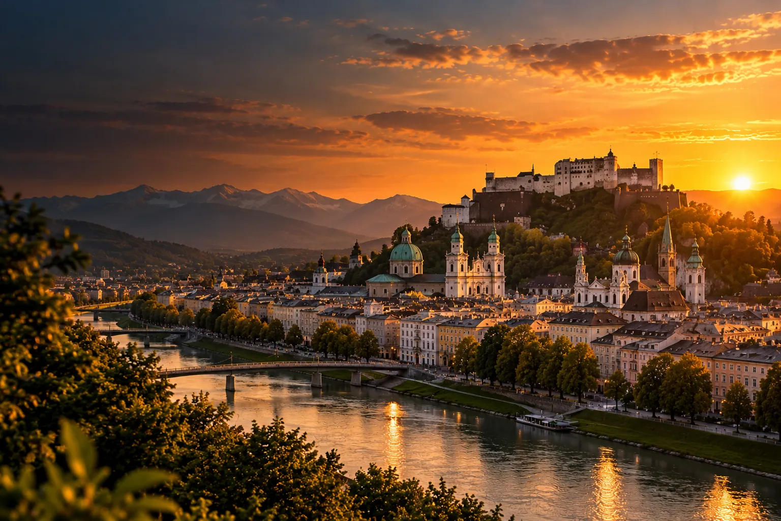 Salzburg bei Sonnenuntergang: Festung Hohensalzburg und Altstadt (KI-generiertes Bild)
