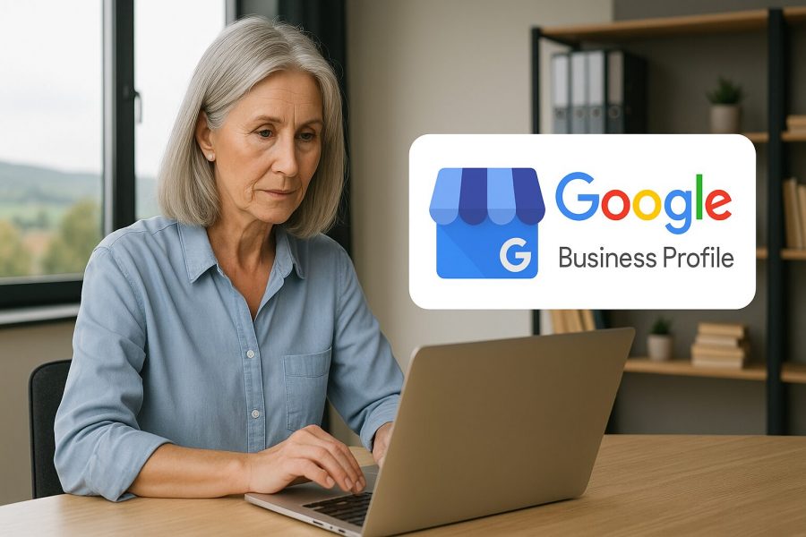 Sichtbarkeit beginnt im Büro: Google Business einfach und professionell gepflegt. Ältere Mitarbeiterin arbeitet an einem Laptop in einem ländlichen Büro – sie pflegt das Google My Business-Profil eines Unternehmens.