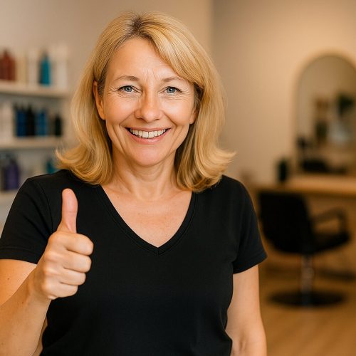 Erfolgreiche Friseurin steht sichtbar im Mittelpunkt – wie dein Unternehmen mit Web Burgenland Freundliche Friseurin um die 50 mit Daumen hoch in einem kleinen, ländlichen Salon – Symbol für erfolgreiche Sichtbarkeit durch Web Burgenland.