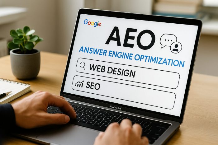 aeo optimierung Person arbeitet an einem Laptop an AEO-Optimierung (Answer Engine Optimization) mit Fokus auf Webdesign und SEO – symbolisch für moderne digitale Sichtbarkeit und gezielte Google-Antworten, wie im Blogbeitrag zur AEO-Optimierung für regionale Unternehmen im Burgenland beschrieben